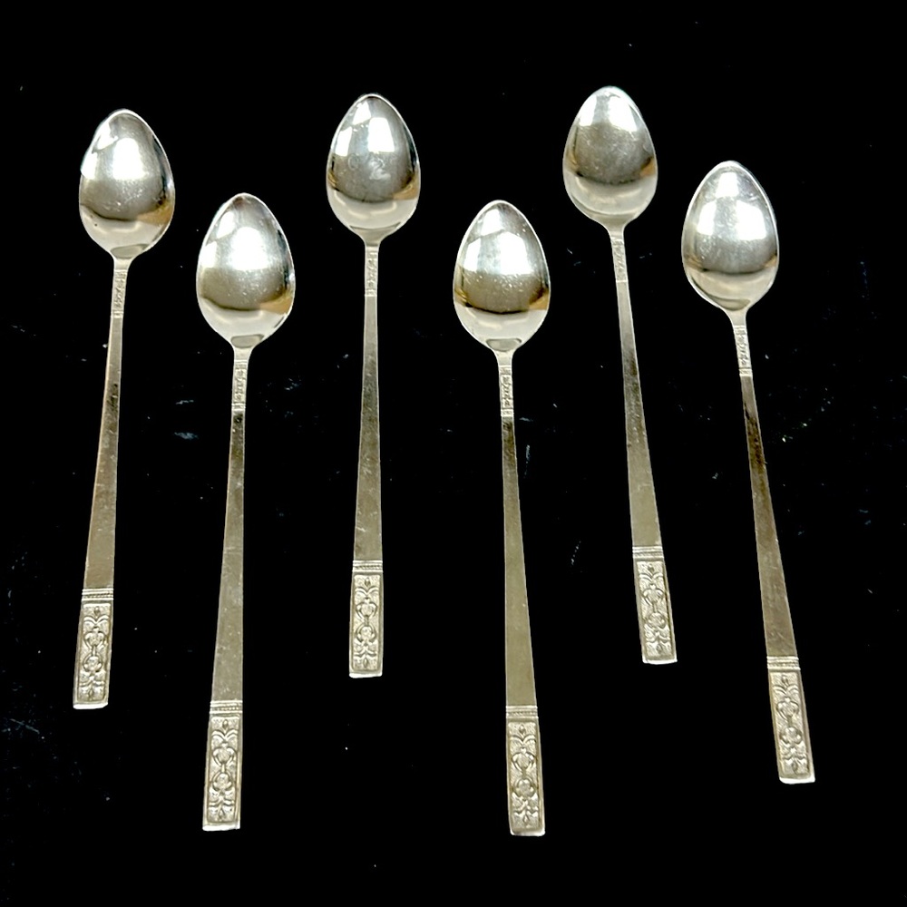Retro set of six 7.5” stainless ice tea spoons in “ Fleur Du Lis “ pattern
